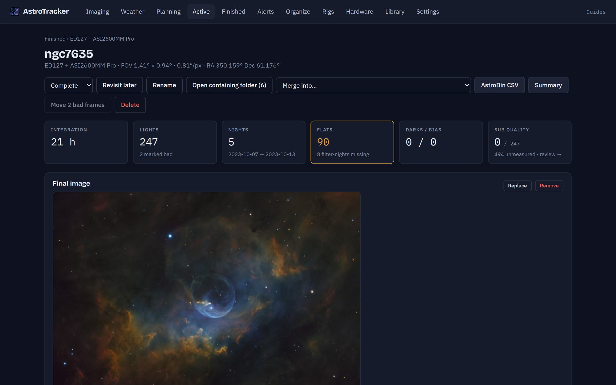 A project in AstroTracker: integration, lights, nights, flats, darks and sub quality above the finished picture of the Bubble Nebula