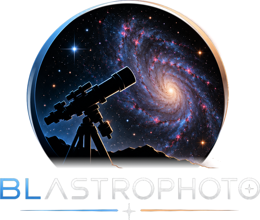 The Blastrophoto logo: a telescope under a spiral galaxy